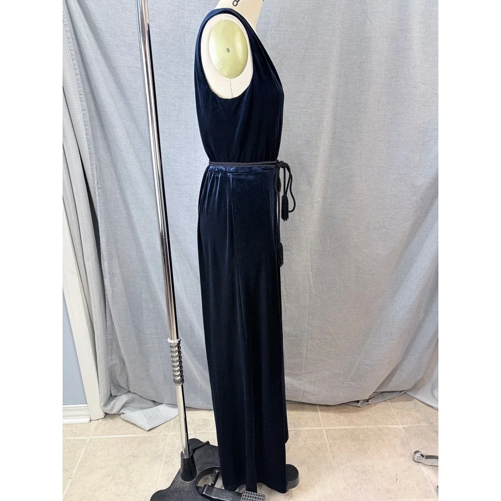 Eliza J Navy Velvet Wide Leg Formal‎ Jumpsuit Tassel Belt Size 12